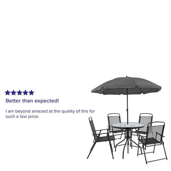 Black |#| 6 Piece Black Patio Garden Set with Umbrella Table and Set of 4 Folding Chairs