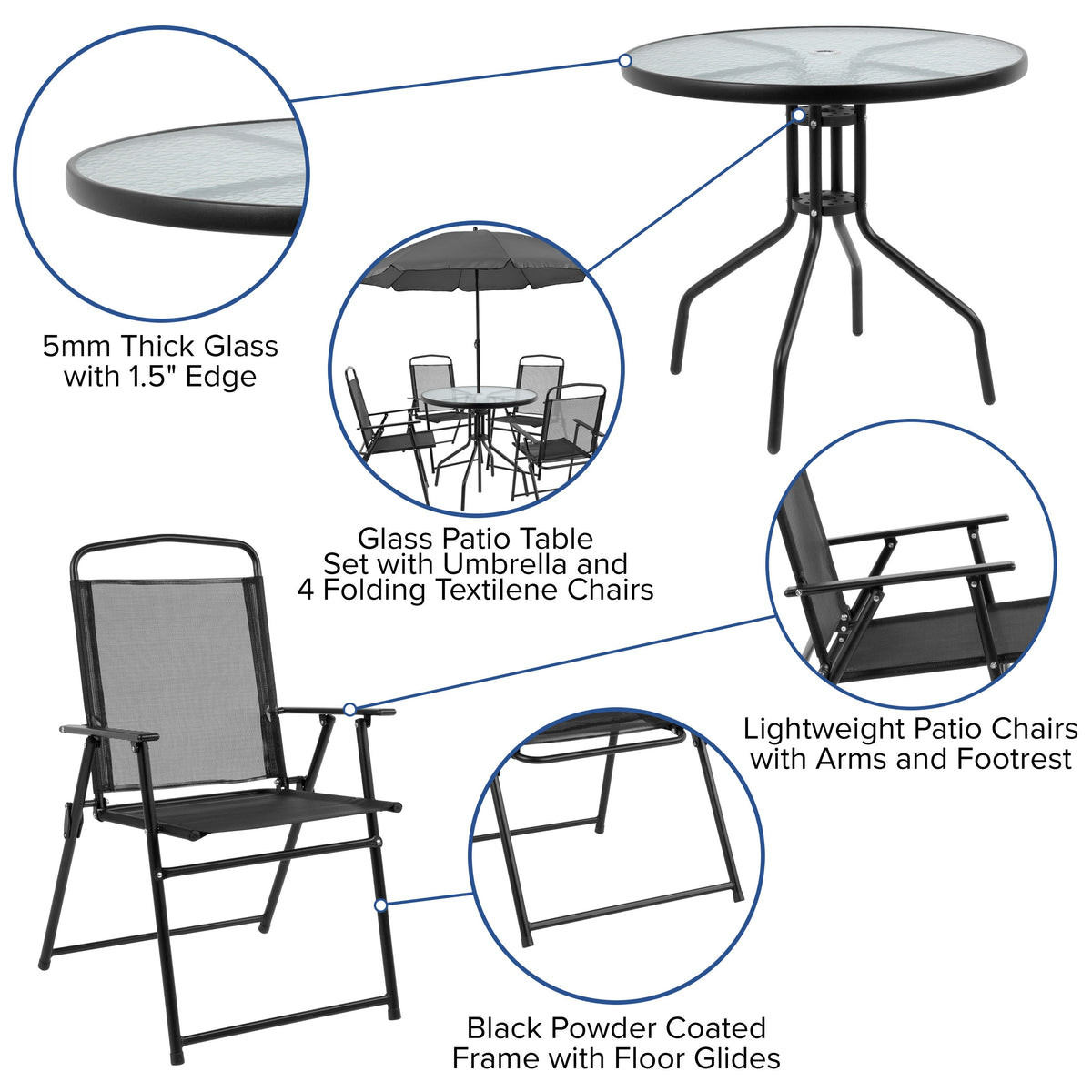 Black |#| 6 Piece Black Patio Garden Set with Umbrella Table and Set of 4 Folding Chairs