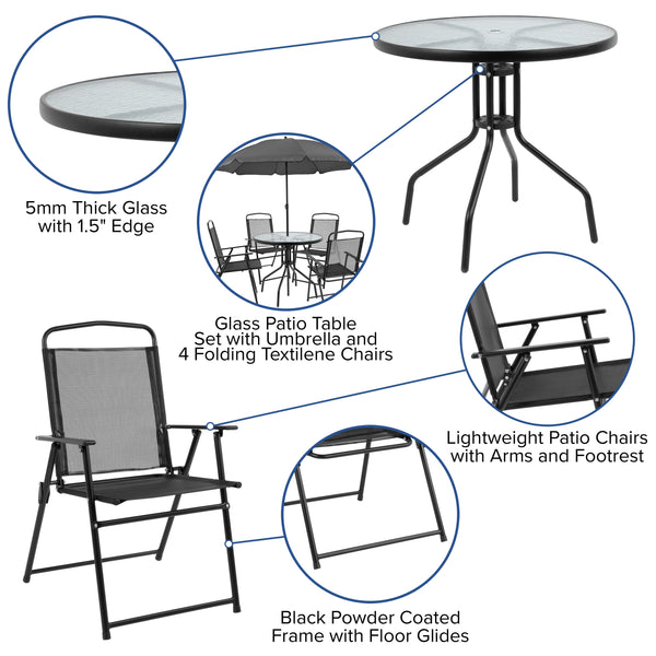 Black |#| 6 Piece Black Patio Garden Set with Umbrella Table and Set of 4 Folding Chairs