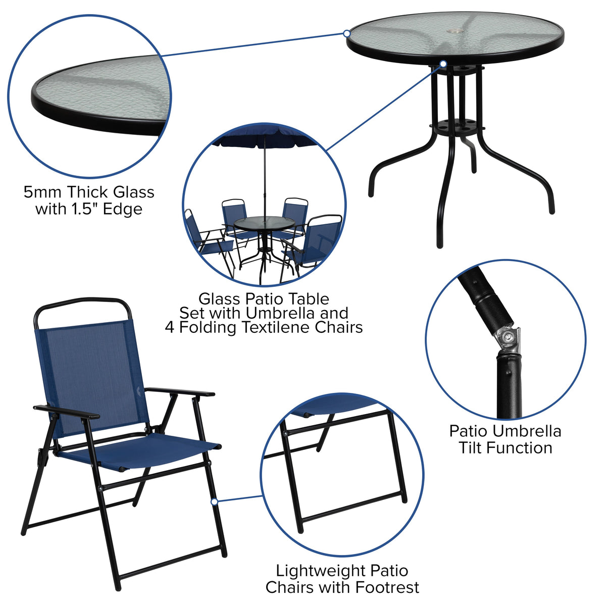 Navy |#| 6 Piece Navy Patio Garden Set with Umbrella Table and Set of 4 Folding Chairs