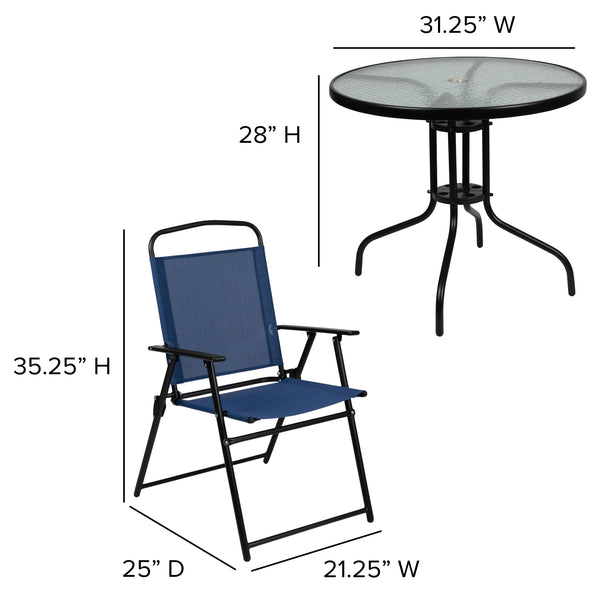 Navy |#| 6 Piece Navy Patio Garden Set with Umbrella Table and Set of 4 Folding Chairs