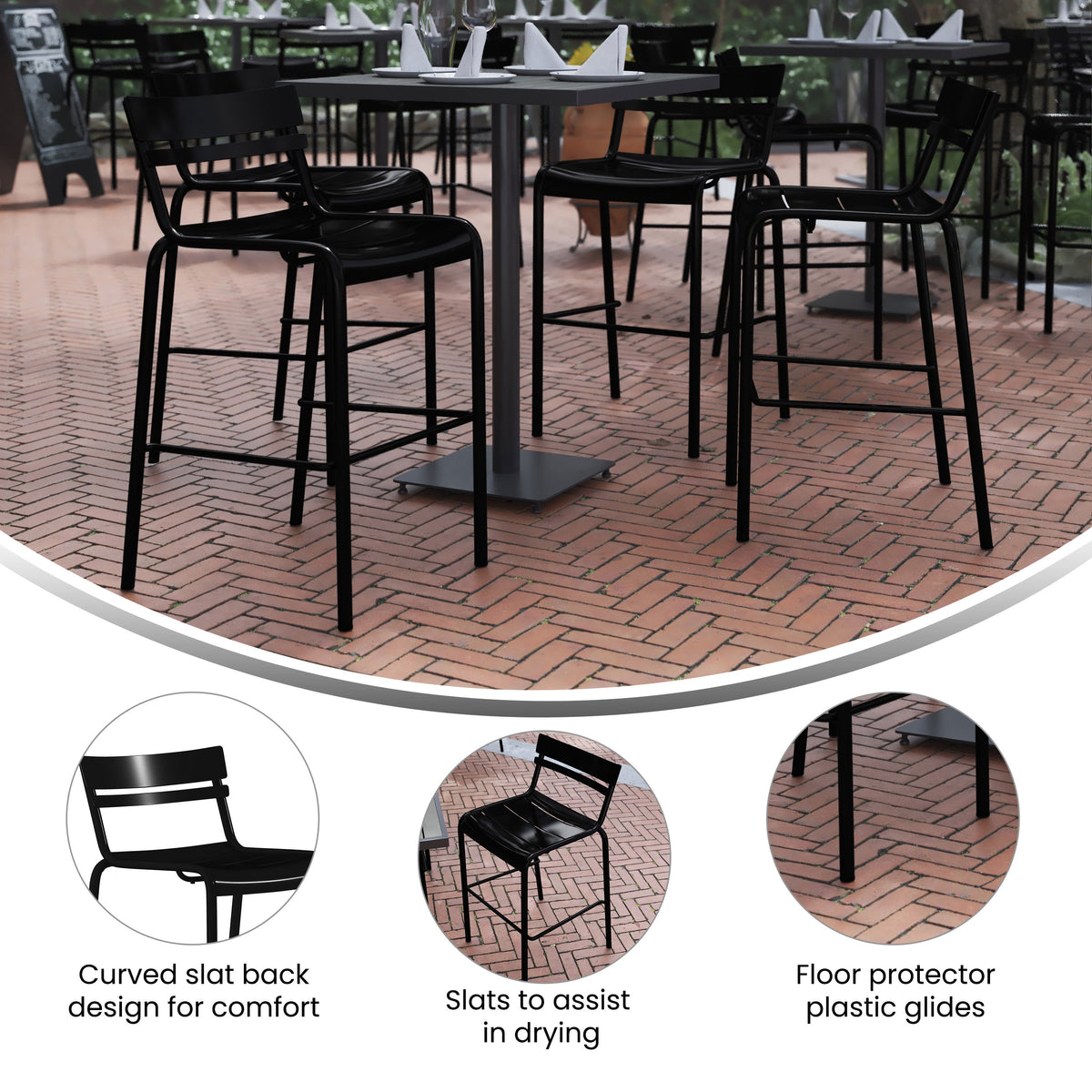 Black |#| Modern Commercial Grade 2 Slat Indoor/Outdoor Steel Bar Stool in Black