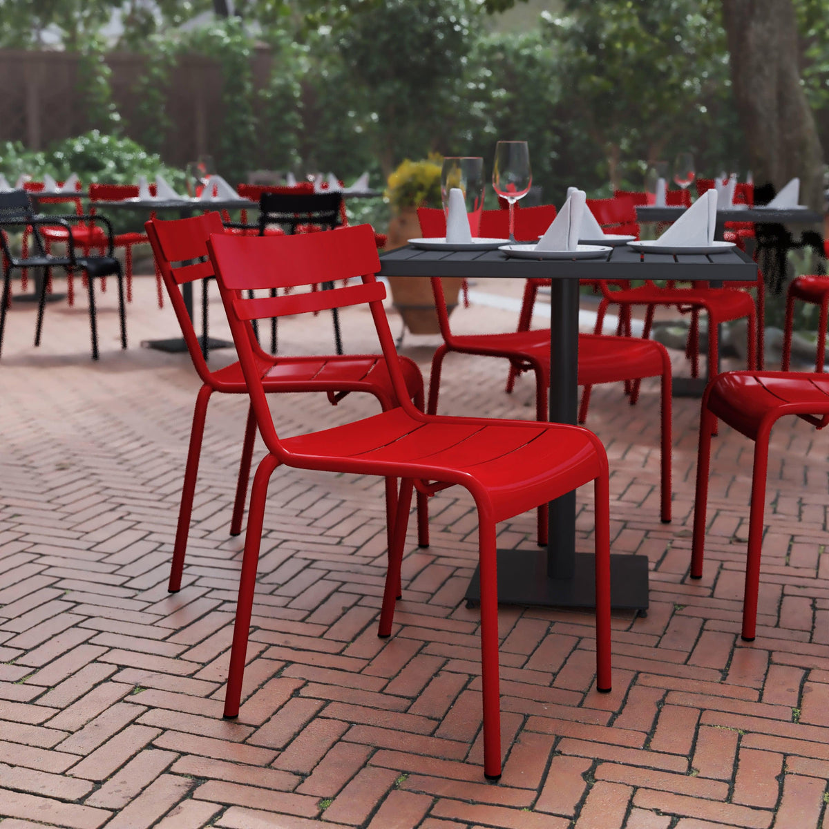 Red |#| Modern Commercial Grade 2 Slat Indoor/Outdoor Steel Dining Chair in Red