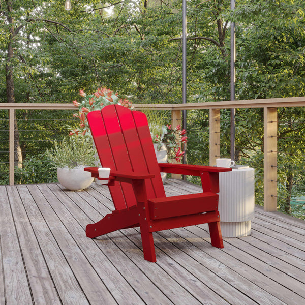 Red |#| Commercial Grade All-Weather Adirondack Chair with Swiveling Cupholder - Red