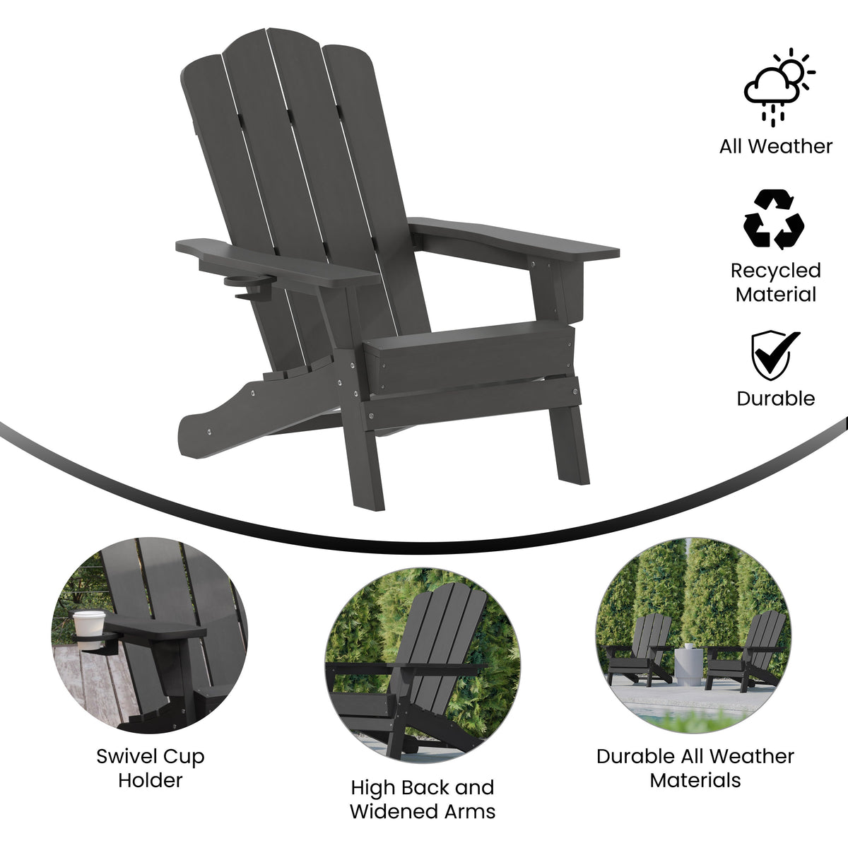 Gray |#| Commercial Grade All-Weather Adirondack Chair with Swiveling Cupholder - Gray