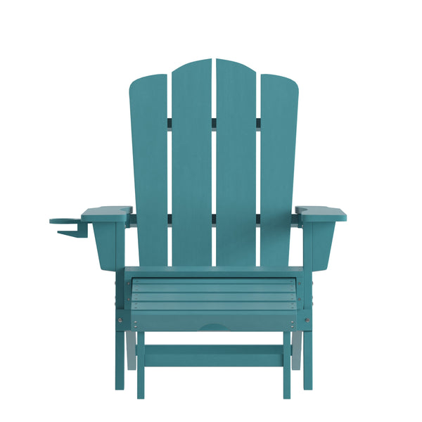 Blue |#| Commercial All-Weather Adirondack Chair with Pullout Ottoman & Cupholder - Blue