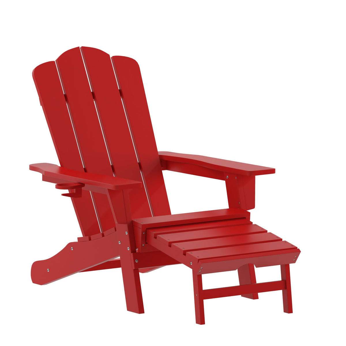 Red |#| Commercial All-Weather Adirondack Chair with Pullout Ottoman & Cupholder - Red