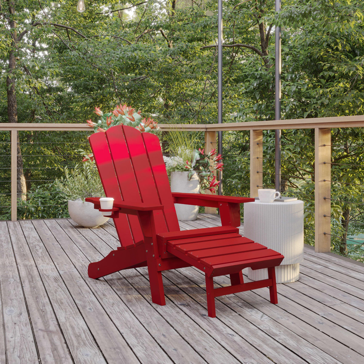 Red |#| Commercial All-Weather Adirondack Chair with Pullout Ottoman & Cupholder - Red