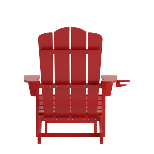 Red |#| Commercial All-Weather Adirondack Chair with Pullout Ottoman & Cupholder - Red