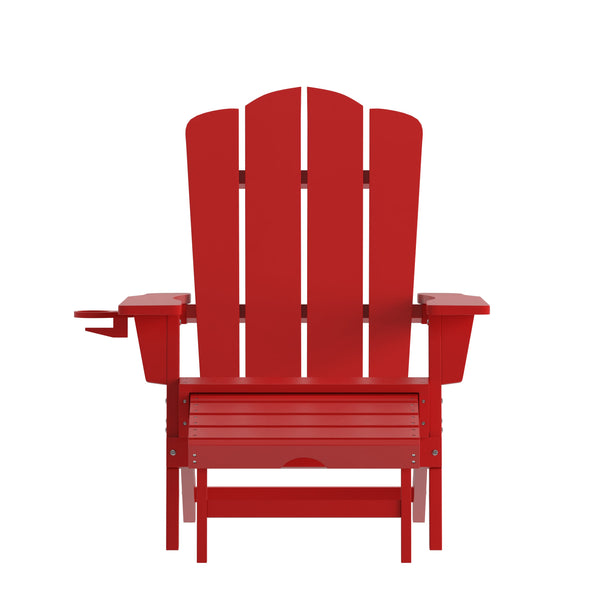 Red |#| Commercial All-Weather Adirondack Chair with Pullout Ottoman & Cupholder - Red