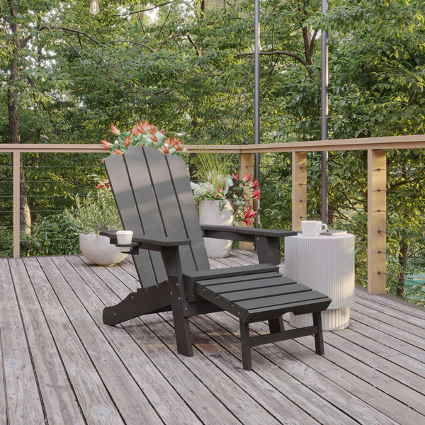 Gray |#| Commercial All-Weather Adirondack Chair with Pullout Ottoman & Cupholder - Gray