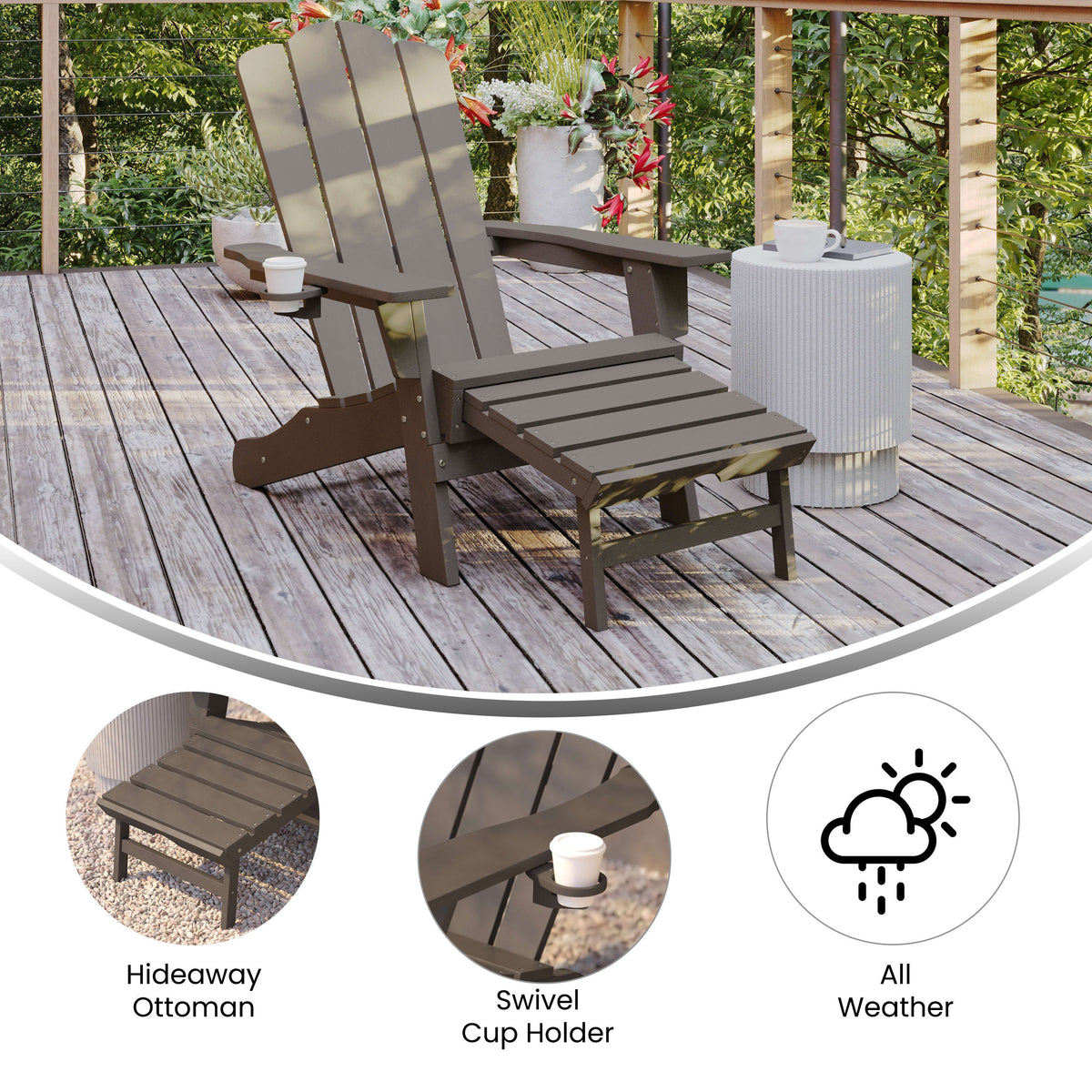 Brown |#| Commercial All-Weather Adirondack Chair with Pullout Ottoman & Cupholder - Brown