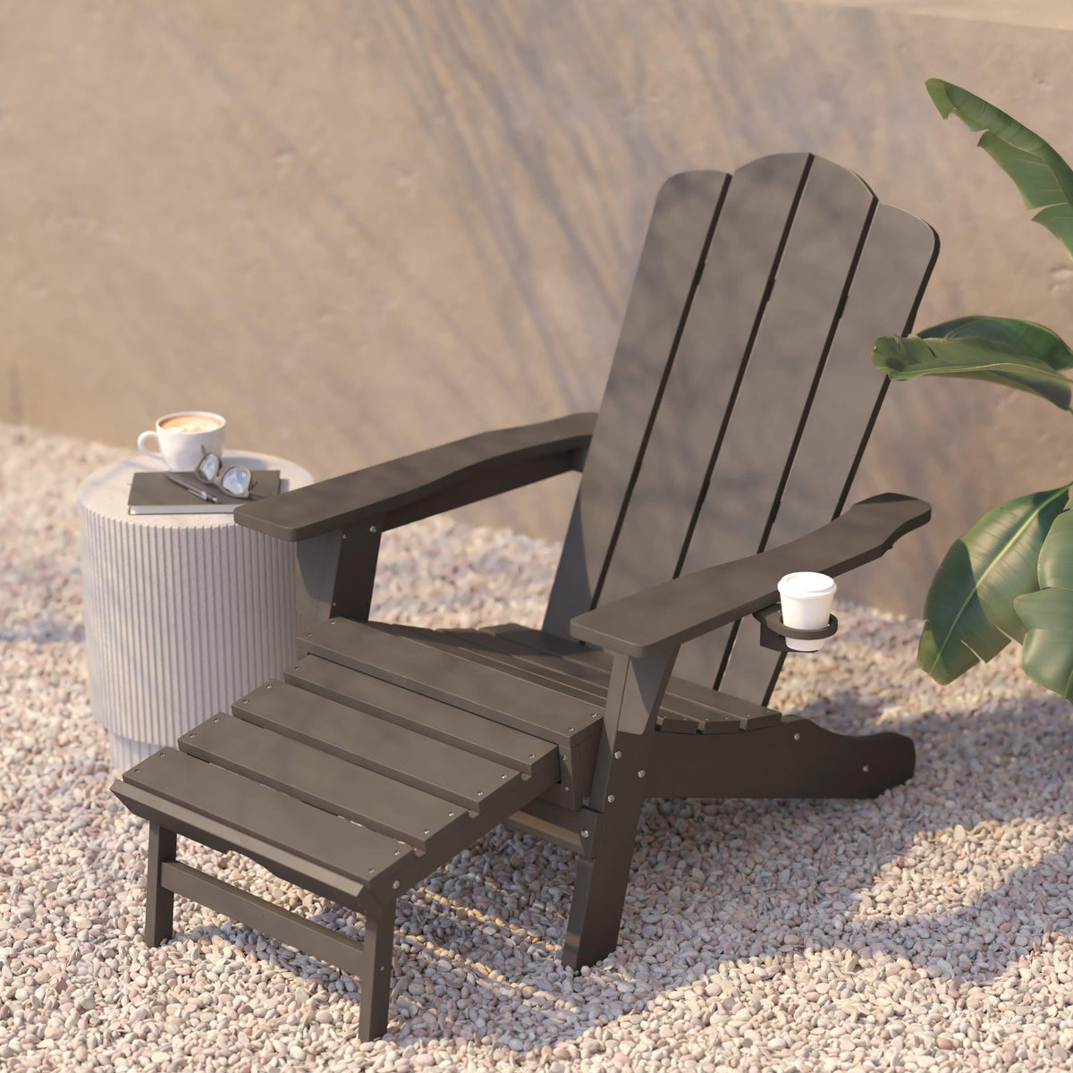 Brown |#| Commercial All-Weather Adirondack Chair with Pullout Ottoman & Cupholder - Brown