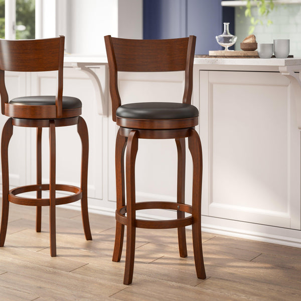 Black Vinyl/Antique Oak Frame |#| Commercial Antique Oak & Black LeatherSoft Wooden Swivel Bar Stools