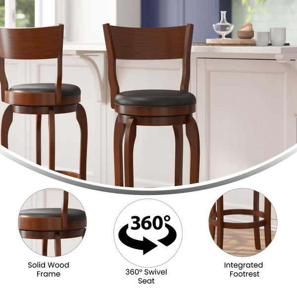 Black Vinyl/Antique Oak Frame |#| Commercial Antique Oak & Black LeatherSoft Wooden Swivel Bar Stools