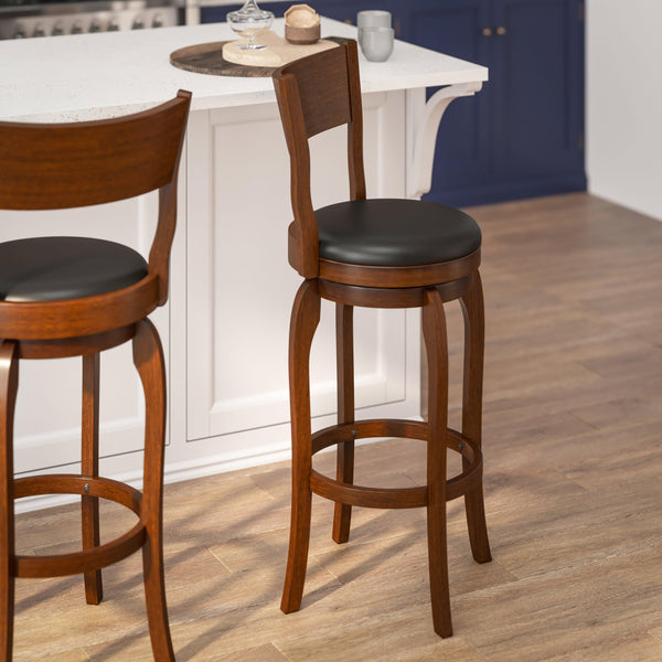 Black Vinyl/Antique Oak Frame |#| Commercial Antique Oak & Black LeatherSoft Wooden Swivel Bar Stools