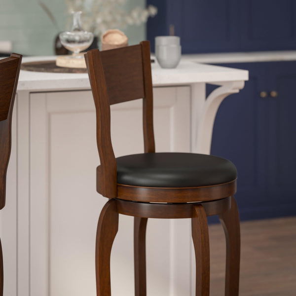 Black Vinyl/Antique Oak Frame |#| Commercial Antique Oak & Black LeatherSoft Wooden Swivel Bar Stools