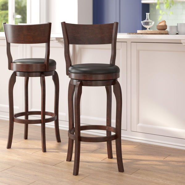 Black Vinyl/Espresso Frame |#| Commercial Espresso & Black LeatherSoft Wooden Swivel Bar Stools