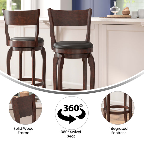 Black Vinyl/Espresso Frame |#| Commercial Espresso & Black LeatherSoft Wooden Swivel Bar Stools