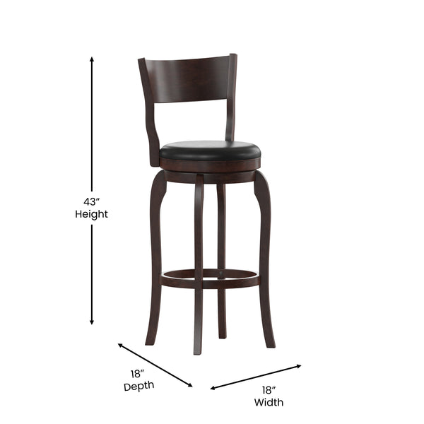 Black Vinyl/Espresso Frame |#| Commercial Espresso & Black LeatherSoft Wooden Swivel Bar Stools