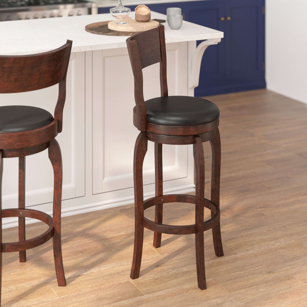 Black Vinyl/Espresso Frame |#| Commercial Espresso & Black LeatherSoft Wooden Swivel Bar Stools