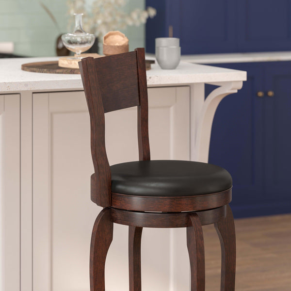 Black Vinyl/Espresso Frame |#| Commercial Espresso & Black LeatherSoft Wooden Swivel Bar Stools