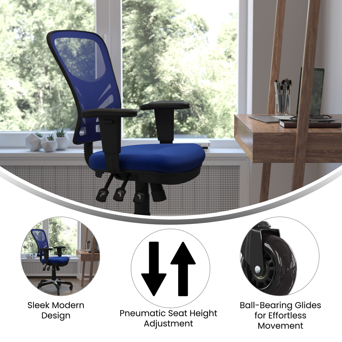 Blue/Black Frame |#| Mid-Back Ergonomic Multifunction Mesh Chair with Polyurethane Wheels-Blue