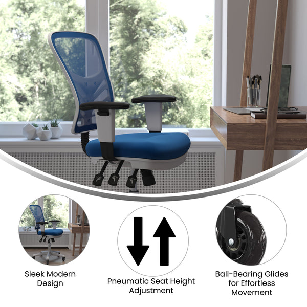 Blue Mesh/White Frame |#| Mid-Back Ergonomic Multifunction Mesh Chair with Polyurethane Wheels-Blue