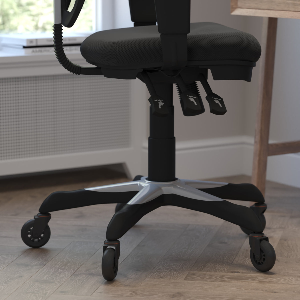 Black/Black Frame |#| Mid-Back Ergonomic Multifunction Mesh Chair with Polyurethane Wheels-Black