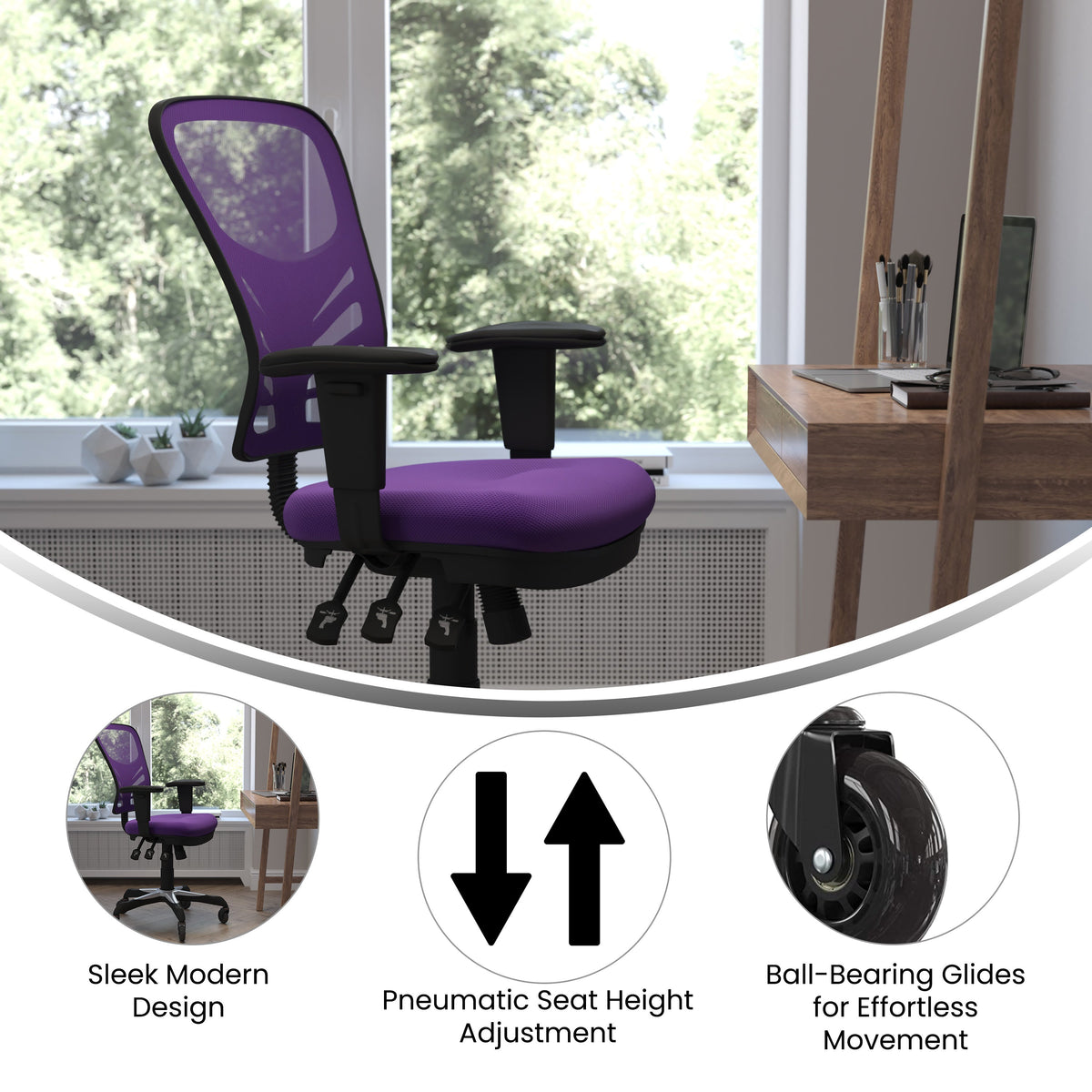 Purple/Black Frame |#| Mid-Back Ergonomic Multifunction Mesh Chair with Polyurethane Wheels-Purple