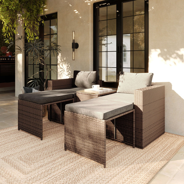 Gray Fabric/Natural Frame |#| Indoor/Outdoor Modular Loveseat Sofa Set with Table and Ottomans in Gray/Natural