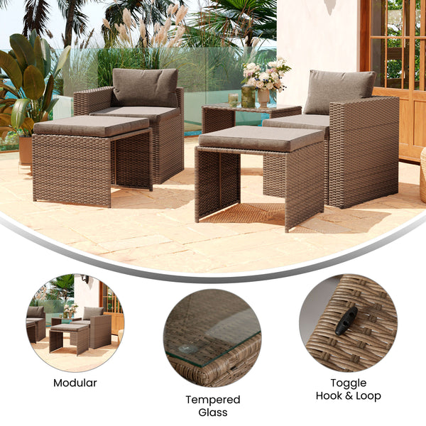 Gray Fabric/Natural Frame |#| Indoor/Outdoor Modular Loveseat Sofa Set with Table and Ottomans in Gray/Natural