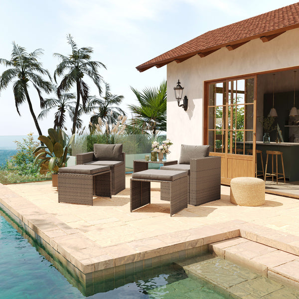Gray Fabric/Natural Frame |#| Indoor/Outdoor Modular Loveseat Sofa Set with Table and Ottomans in Gray/Natural