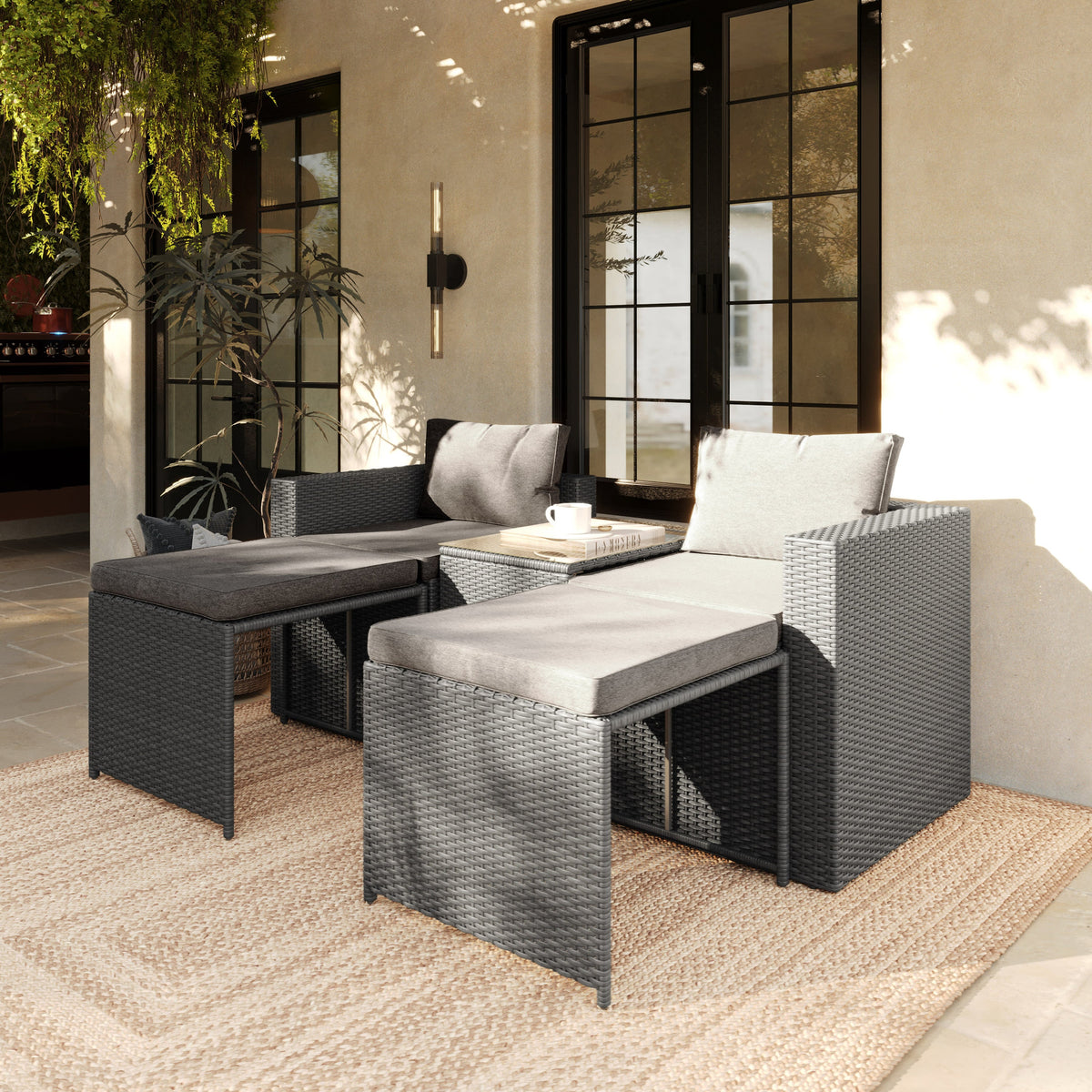 Gray Fabric/Gray Frame |#| Indoor/Outdoor Modular Loveseat Sofa Set with Table and Ottomans in Gray/Gray