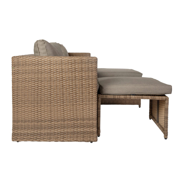 Gray Fabric/Natural Frame |#| Indoor/Outdoor Modular Loveseat Sofa Set with Table and Ottomans in Gray/Natural