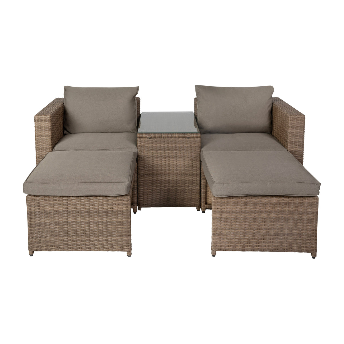 Gray Fabric/Natural Frame |#| Indoor/Outdoor Modular Loveseat Sofa Set with Table and Ottomans in Gray/Natural