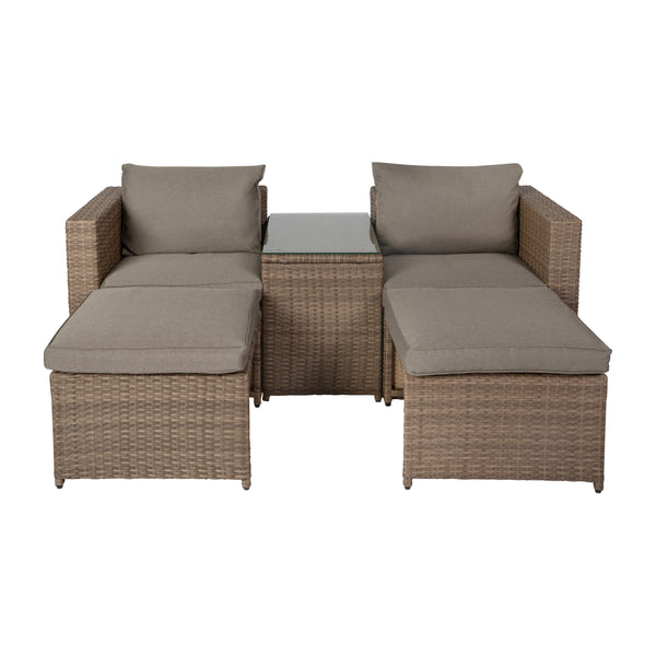 Gray Fabric/Natural Frame |#| Indoor/Outdoor Modular Loveseat Sofa Set with Table and Ottomans in Gray/Natural