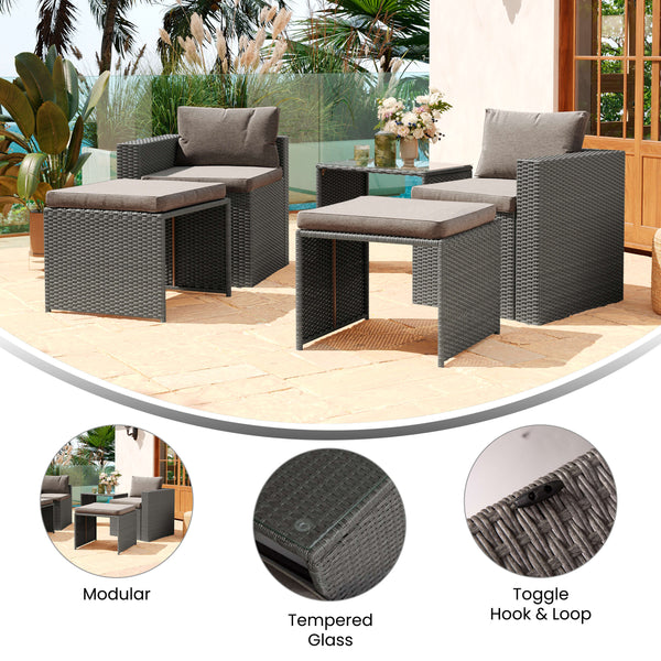 Gray Fabric/Gray Frame |#| Indoor/Outdoor Modular Loveseat Sofa Set with Table and Ottomans in Gray/Gray