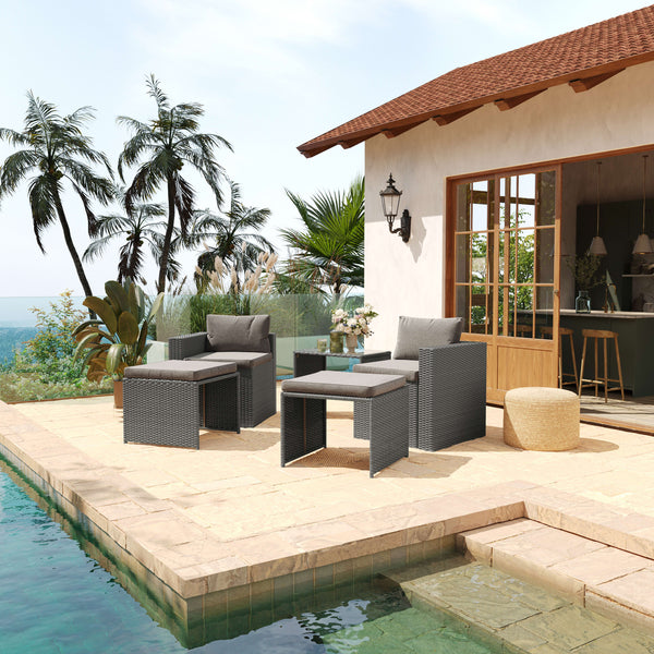 Gray Fabric/Gray Frame |#| Indoor/Outdoor Modular Loveseat Sofa Set with Table and Ottomans in Gray/Gray