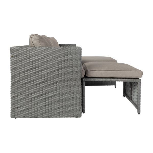 Gray Fabric/Gray Frame |#| Indoor/Outdoor Modular Loveseat Sofa Set with Table and Ottomans in Gray/Gray