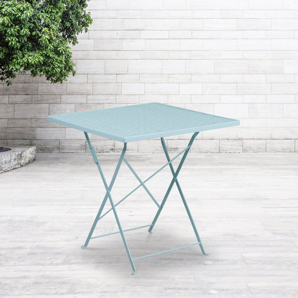 Sky Blue |#| 28inch Square Sky Blue Indoor-Outdoor Steel Folding Patio Table - Home Furniture