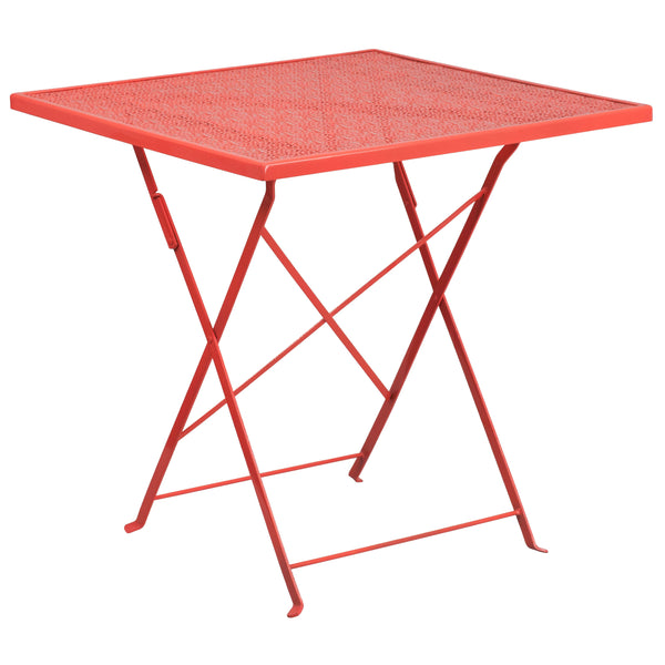 Coral |#| 28inch Square Coral Indoor-Outdoor Steel Folding Patio Table - Home Furniture