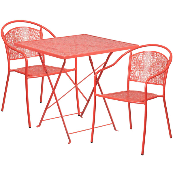 Coral |#| 28inch Square Coral Indoor-Outdoor Steel Folding Patio Table Set with 2 Chairs