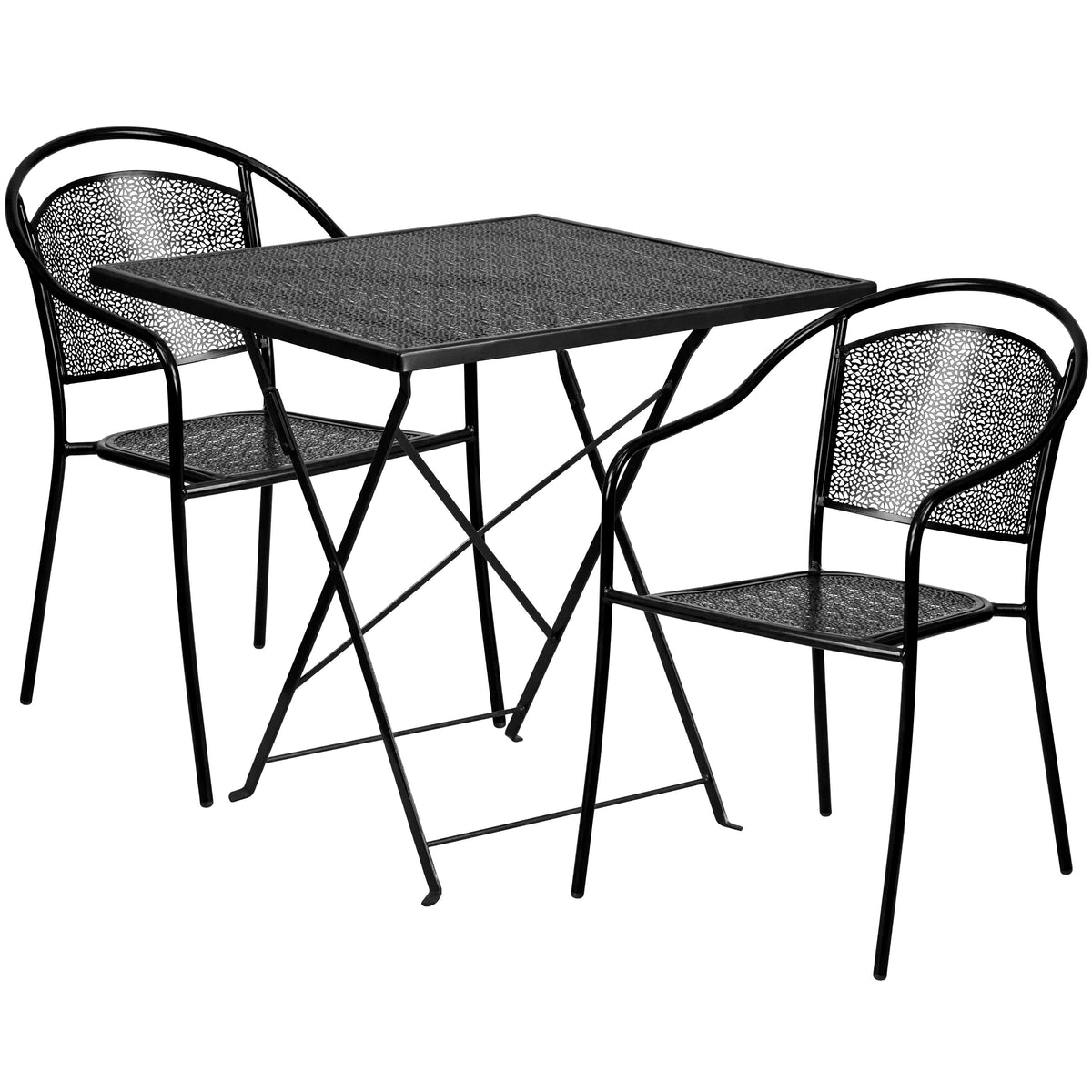 Black |#| 28inch Square Black Indoor-Outdoor Steel Folding Patio Table Set with 2 Chairs