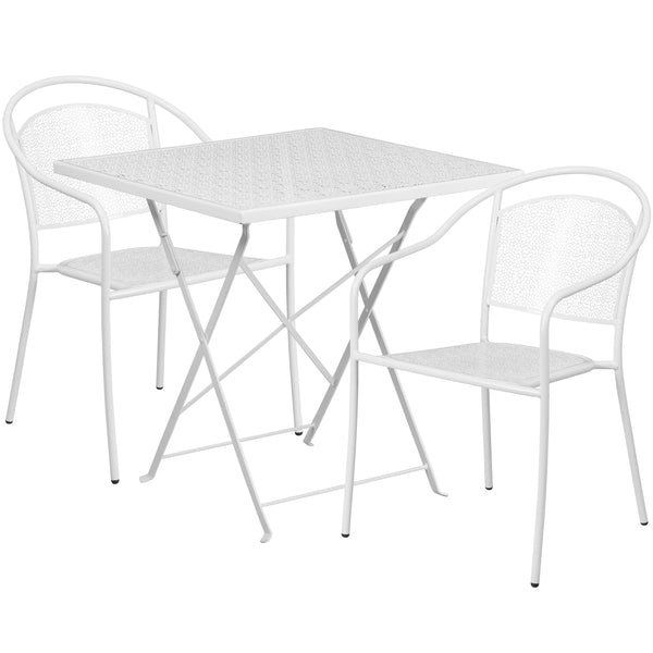 White |#| 28inch Square White Indoor-Outdoor Steel Folding Patio Table Set with 2 Chairs