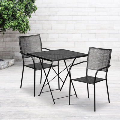 Oia Commercial Grade 28" Square Indoor-Outdoor Steel Folding Patio Table Set with 2 Square Back Chairs - View 2