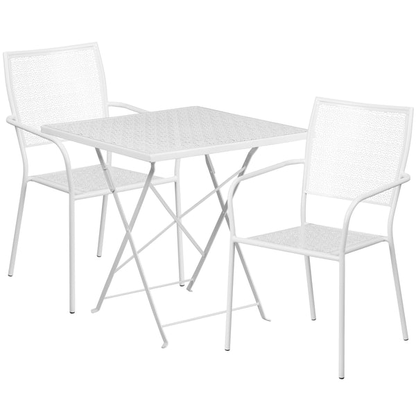 White |#| 28inch Square White Indoor-Outdoor Steel Folding Patio Table Set with 2 Chairs