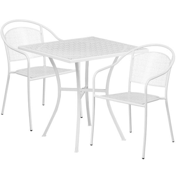 White |#| 28inch Square White Indoor-Outdoor Steel Patio Table Set with 2 Round Back Chairs