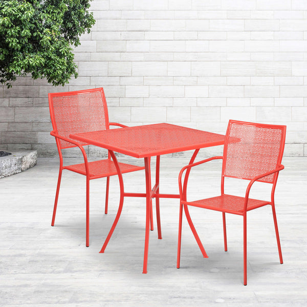 Coral |#| 28inch Square Coral Indoor-Outdoor Steel Patio Table Set with 2 Square Back Chairs