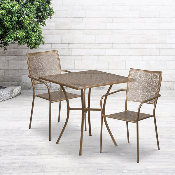 Gold |#| 28inch Square Gold Indoor-Outdoor Steel Patio Table Set with 2 Square Back Chairs